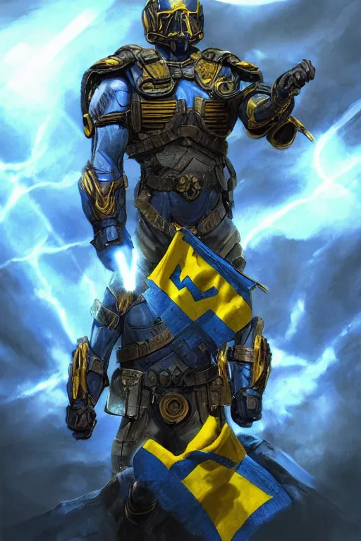 Image similar to an super mega hyper realistic image of a super soldier with a Ukrainian blue and yellow stripes flag standing in the beam of light from the clouds on a pile of skulls as a winner, masculine figure, D&D, fantasy, intricate, elegant, highly detailed, extremely detailed, digital painting, artstation, concept art, matte, sharp focus, symmetrical, illustration, art by Artgerm and Greg Rutkowski and Alphonse Mucha