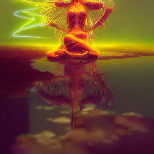 Prompt: colourful breathtakingly weird beautiful powerful magical wonderfully majestic beautifully quirky incredibly cool character by michael whelan, moebius, beeple, dan mcpharlin, pascal blanche, symmetrical, serene expression, magical stormy reflections, smoke on water, sat down, 8 k artstation