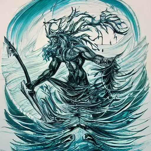 Image similar to Proud and screaming Poseidon rising from the ocean, ready to fight, fantasy art, hand-drawing