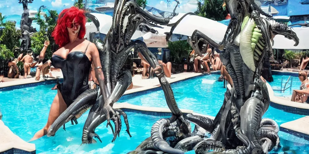 Prompt: a xenomorph from the movie Aliens having fun at the pool party of a rich, pretty woman in a bikini