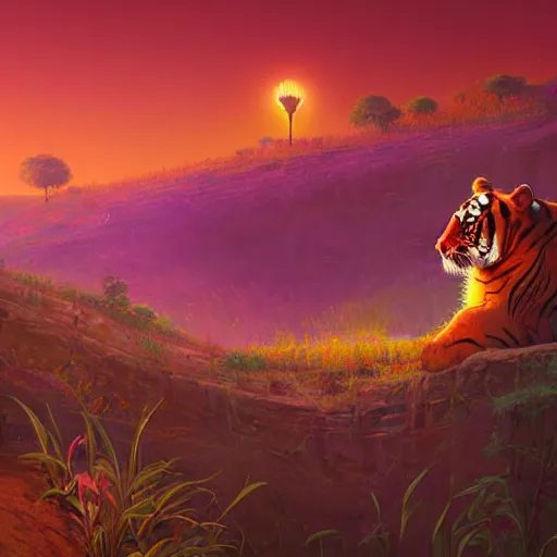 Prompt: closed up portrait tigers on a red clay dirt hill looking down at a man under the rocks wallpaper 3 d pixar disney digital cgi rtx hdr painting bioluminance alena aenami artworks in 4 kby loish beeple, by thomas kinkade 2 2 2 2