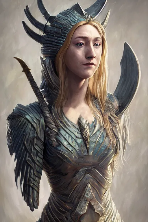 Image similar to A fantasy comic book style portrait painting of, hybrid of Saoirse Ronan, Cory Chase, as an Atlantean, Reptilian Warrior, Mystical Valkyrie, Armor, Sword, Spear, Sheild, François Boucher, Oil Painting, unreal 5, DAZ, hyper realistic, Photorealistic, octane render, Regal, Refined, Coherent, Detailed Digital Art, RPG portrait, William-Adolphe Bouguereau, Michael Cheval, Walt Disney (1937), Steampunk, golden dappled lighting, dynamic lighting, Highly Detailed, Cinematic Lighting, Unreal Engine, 8k, HD