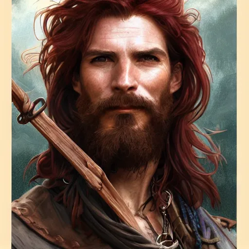 Prompt: portrait of a young ruggedly handsome but joyful pirate, male, masculine, upper body, deep crimson hair, long hair, d & d, fantasy, roguish smirk, intricate, elegant, highly detailed, digital painting, artstation, concept art, matte, sharp focus, illustration, art by artgerm and greg rutkowski and alphonse mucha