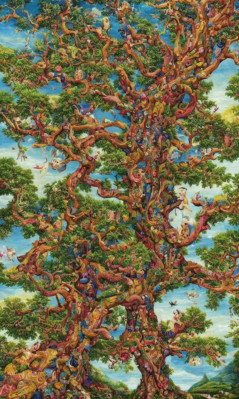 Prompt: an incredibly detailed masterpiece painting of a giant tree by bosch and lisa frank, ornate, beautiful, bold colors, detailed, high resolution, wow!, intricate