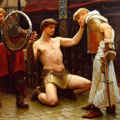 Image similar to attractive fully clothed arthur pendragon confesses his love for his attractive fully clothed male knight. highly detailed painting by gaston bussiere and j. c. leyendecker 8 k