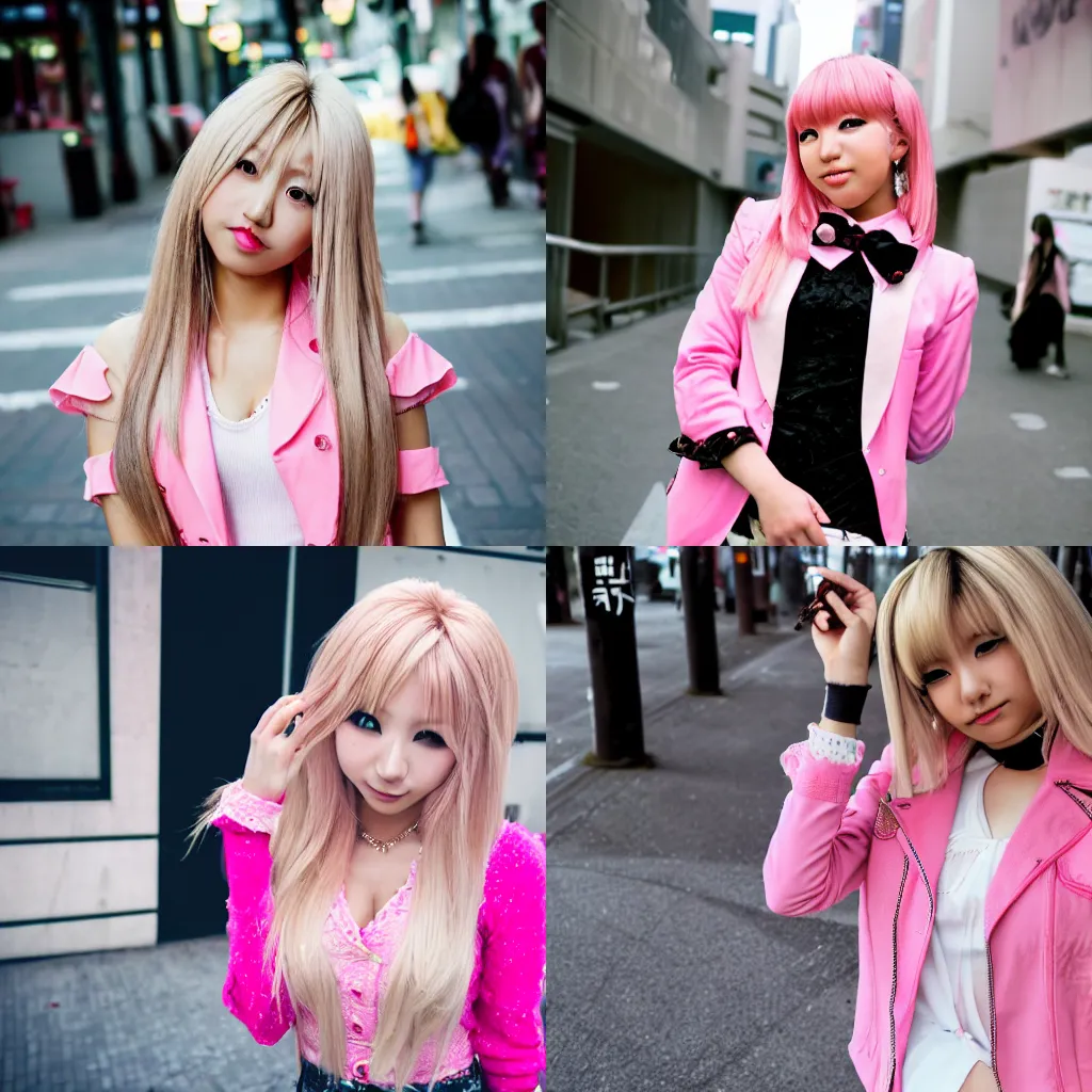 Prompt: portrait photo of girl in gyaru, blonde hair, pink clothes, gyaru makeup, fashion street photography, sweet gyaru girl, tokyo street fashion