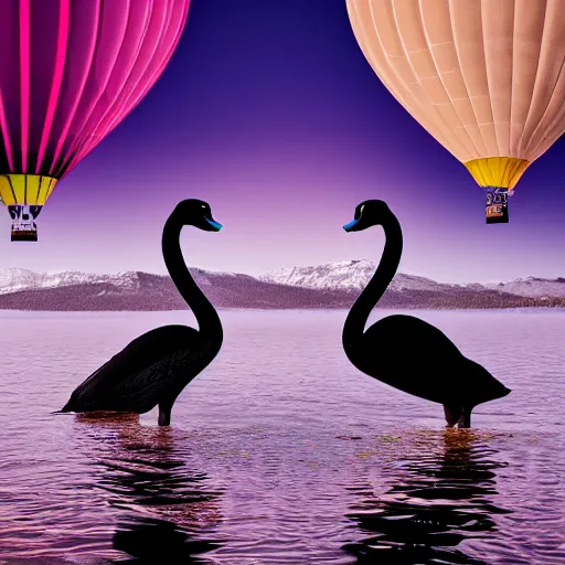 Image similar to photo of two black swans swimming in a beautiful reflective mountain lake, touching heads, forming a heart with their necks, a colorful hot air balloon is flying above the swans, hot air balloon, intricate, portrait, 8k highly professionally detailed, HDR, CGsociety, octane render, 4k