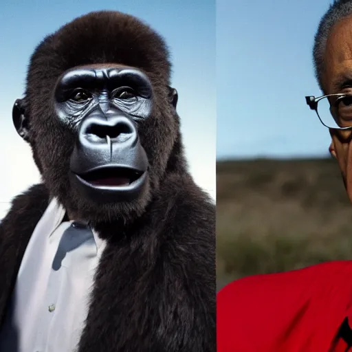 Image similar to A photo of Gus Fring in a gorilla suit, cinematic lighting, New Mexico, Breaking Bad, Giancarlo Esposito