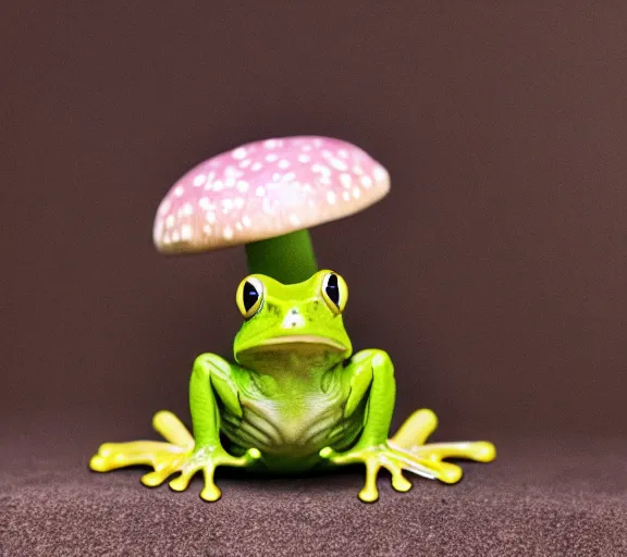 Prompt: photo, cute frog, flay, sitting on a mushroom, various poses, soft light, faded colors, well framed, sharp focus, 8 k