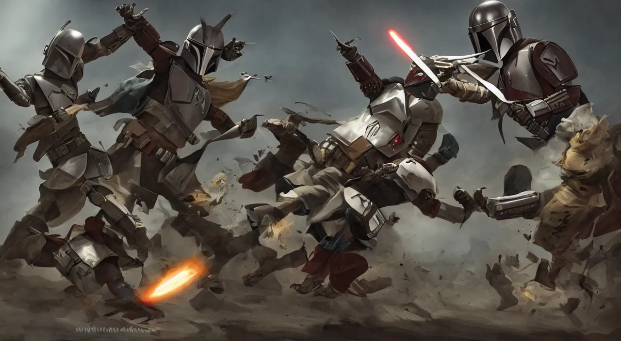 Image similar to Mandalorian fights rhinoceros, concept art, cinematic