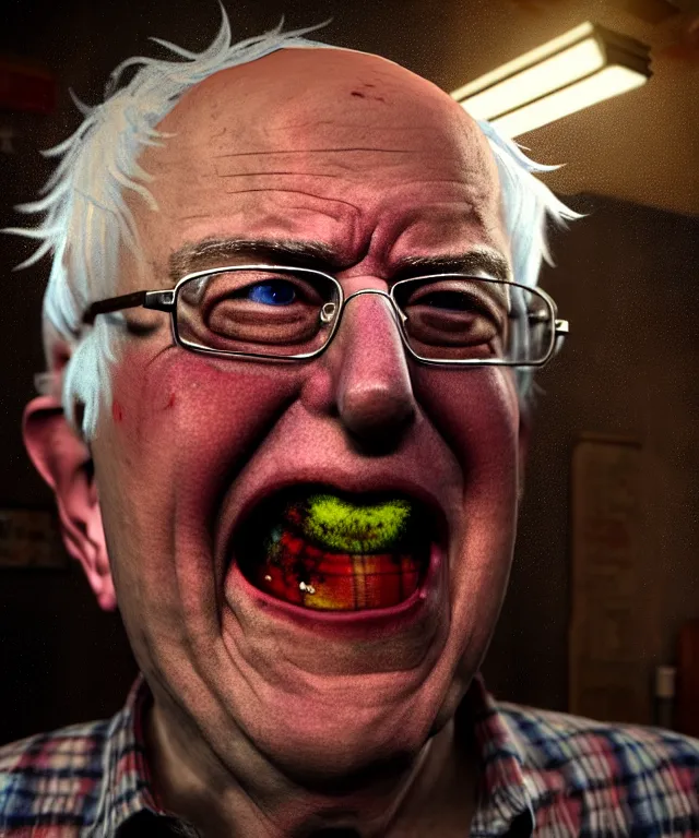 Image similar to hyperrealistic mixed media painting of Bernie Sanders as a laughing drunk, tattered plaid shirt, dimly lit dive bar, stunning 3d render inspired art by P. Craig Russell and Barry Windsor-Smith + perfect facial symmetry + dim volumetric lighting, 8k octane beautifully detailed render, post-processing, extremely hyperdetailed, intricate, epic composition, grim yet sparkling atmosphere, cinematic lighting + masterpiece, trending on artstation, very very detailed, masterpiece, stunning