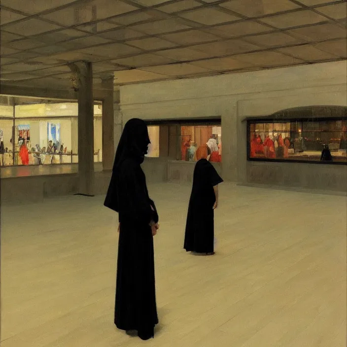 Prompt: woman in black robes, short skirt, in magnificent shopping mall, artstation, art by edward hopper, zdislav beksinski, wayne barlowe, edward hopper