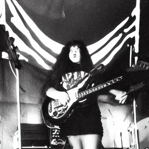 Image similar to 1 9 - year - old girl in a traditional doom metal band, live in concert, live 1 9 8 6, united kingdom flags, playing electric guitar, headbanging slowly, crowd of longhairs, super 8 mm