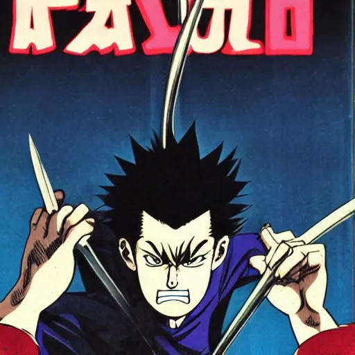 Image similar to young adult, angry, pompadour hair, art by tetsuo hara, yusuke murata, jotaro kujo, japanese delinquent, metal bat, kuwabara hairstyle, akira kongou, banchou, action pose, action scene, manga issue, comic book cover