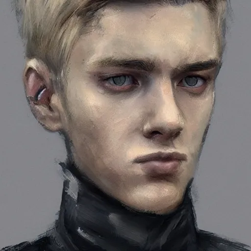 Image similar to Portrait of a man by Greg Rutkowski, he is about 20 years old, west slav features, short blonde hair with bangs, attractive, smart looking, slim, somewhat androgenic, he is wearing a white and black utilitarian jumpsuit, highly detailed portrait, scifi, digital painting, artstation, concept art, smooth, sharp foccus ilustration, Artstation HQ