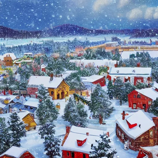 Prompt: a christmas village, aerial view, wide angle, snowing, pine trees, victorian era, 8 k, high detail, oil painting