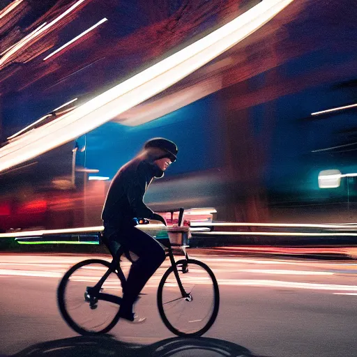 Prompt: a photo of a cool person riding a bicycle pulling a trailer with a massive sound system on it, night, street, light trails