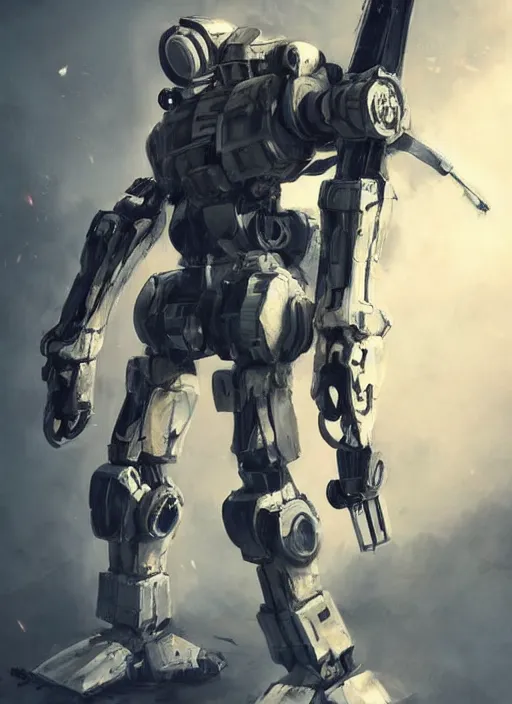 Image similar to full body shot of a mech soldier holstering his rifle, Art Station, cinematic, concept art, 8k, Pinterest, cgsociety, hyper detailed, ultra realistic, illustration, epic, high resolution, post processing, high quality, sci fi, robot, sharp, 4k UHD, realistic, intricate, menacing, masterpiece, Deviant Art, Trending on Artstation, Unreal Engine 4k, art by Yi Yang artstation + StTheo + Alan Van Ryzin,