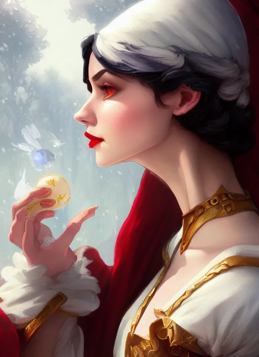 Image similar to snow white, d & d, fantasy, intricate, elegant, highly detailed, digital painting, artstation, concept art, matte, sharp focus, illustration, hearthstone, art by artgerm and greg rutkowski and alphonse mucha