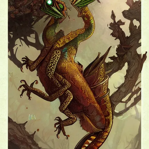 Prompt: A heraldic queen lizard with big cute eyes and a raised claw, flowers around, D&D, fantasy, intricate, cinematic lighting, highly detailed, digital painting, artstation, concept art, smooth, sharp focus, illustration, art by Akihiko Yoshida, Greg Rutkowski and Alphonse Mucha
