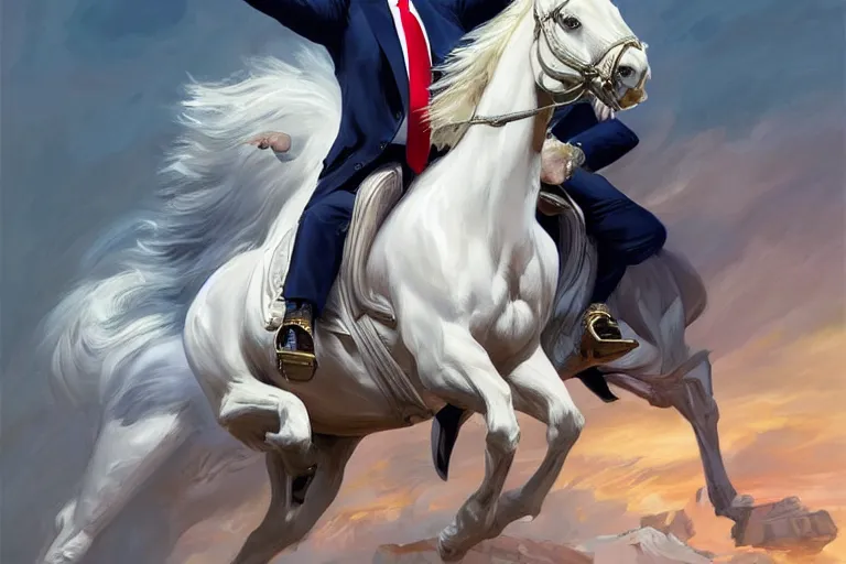 Image similar to donald trump on a majestic white horse, digital painting, artstation, concept art, smooth, sharp focus, illustration, in - frame, centered, art by artgerm and donato giancola and joseph christian leyendecker, ross tran, wlop