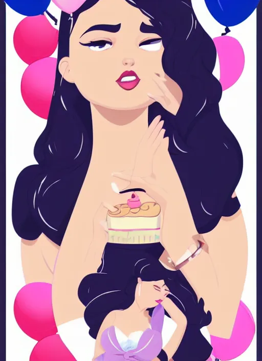 Image similar to curvy woman resembling selena gomez at a birthday party wearing mickey ears. balloons. clean cel shaded vector art. shutterstock. behance hd by lois van baarle, artgerm, helen huang, by makoto shinkai and ilya kuvshinov, rossdraws, illustration,