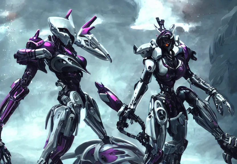 Image similar to epic cinematic shot of stunning beautiful anthropomorphic mecha female dragon fighting in the apocalypse with laser rifle, has silver armor and fuchsia skin, warframe fanart, terminator art, epic scale, furaffinity, deviantart, octane