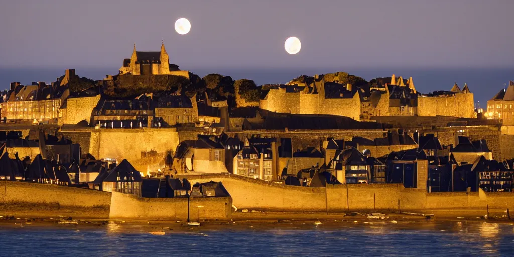 Prompt: view of saint - malo roofs towards the sea at night lit by the full moon, cinematic, anamorphic lens,