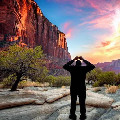 Image similar to highly detailed concept art of award winning cinematic still of man praying with hands up in zion national park, rock formations, colorful sunset, epic, cinematic lighting, dramatic angle, heartwarming drama directed by Steven Spielberg, t, wallpaper