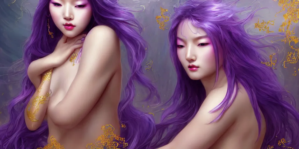 Image similar to asian nymph goddess flowing purple hair twisting in sensual pose with golden tattoes of cursive sigils on her opalescent skin, fantasy, intricate, very beautiful, elegant, golden light, highly detailed, digital painting, artstation, concept art, smooth, sharp focus, unreal engine, art by wlop and tian zi and alphonse mucha