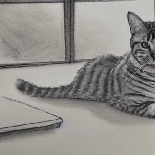 Image similar to a tabby cat named clarence laying on a table looking out the window, it is a sunny day, in the style of a hand drawn pencil sketch