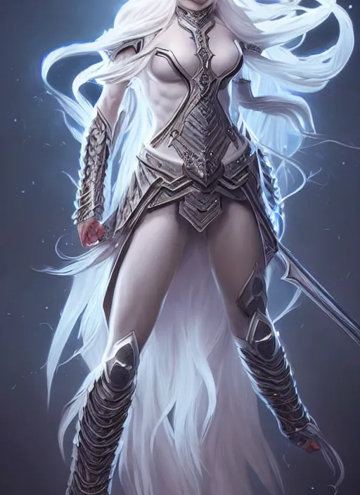 Image similar to light azure armor!!! long wild white hair!! covered chest!!! fantasy, d & d, intricate ornate details, digital painting, pretty face!!, symmetry, concept art, sharp focus, illustration, art by artgerm! greg rutkowski magali villeneuve wlop! ilya kuvshinov!!, octane render