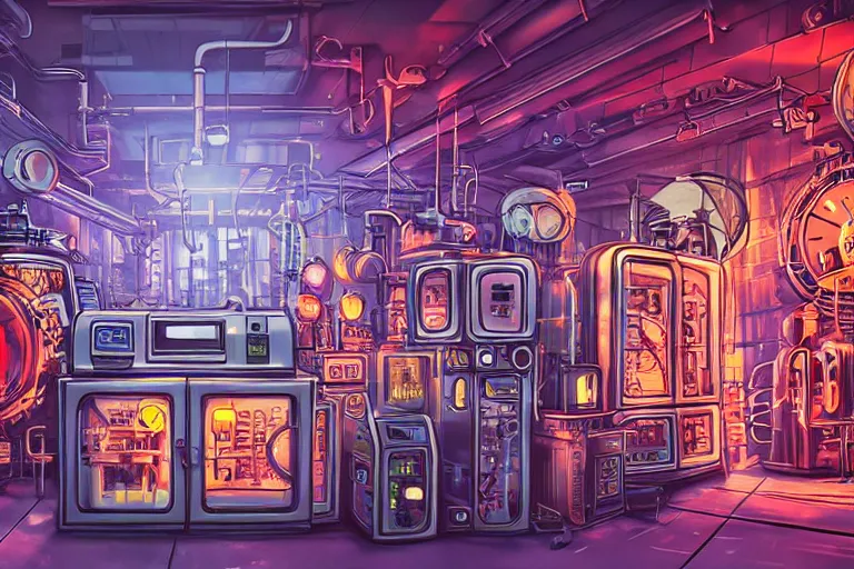 Prompt: wide angle on mad steampunk laboratory filled with alchemy equipment, pespective giant neon screens, sci - fi vending machine, art by ghibli studio, art deco, dynamic light, volumetric light, neon lights, cinematic mood