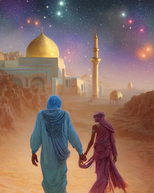 Image similar to bedouin man and woman and child in galaxy walking towards mosque surrounded by nebula, highly detailed, gold filigree, romantic storybook fantasy, soft cinematic lighting, award, disney concept art watercolor illustration by mandy jurgens and alphonse mucha and alena aenami, pastel color palette, featured on artstation