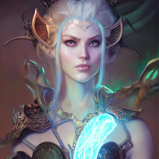 Image similar to night elf warden world of warcraft character portrait, ultra realistic, wide angle, intricate details, blade runner artifacts, highly detailed by peter mohrbacher, boris vallejo, hajime sorayama aaron horkey, gaston bussiere, craig mullins