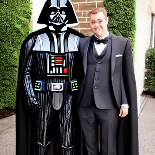 Prompt: Darth Vader wearing a tuxedo with his prom date in awkward prom photos