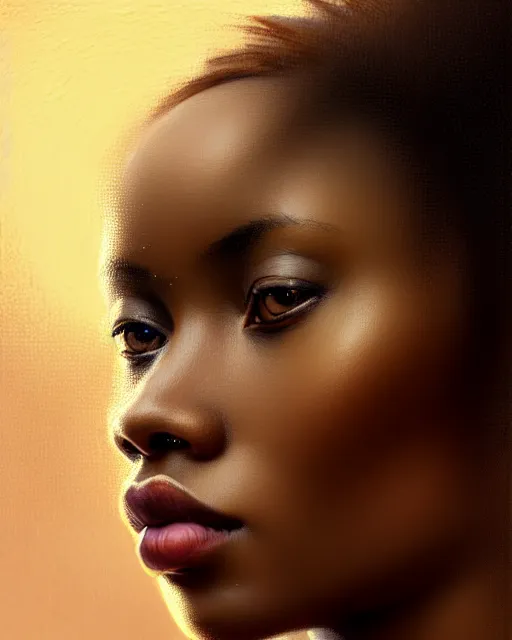 Image similar to african woman with blonde short hair, brown eyes, beautiful girl, close up portrait, moonlight, highkey, realistic, serov, surikov, vasnetsov, repin, kramskoi, paint texture, low aperature, insanely detailed, charlie bowater, tom bagshaw, octane rendered, unreal engine, illustration, trending on artstation, masterpiece