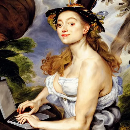 Image similar to heavenly summer sharp land sphere scallop well dressed lady working on her laptop, auslese, by peter paul rubens and eugene delacroix and karol bak, hyperrealism, digital illustration, fauvist