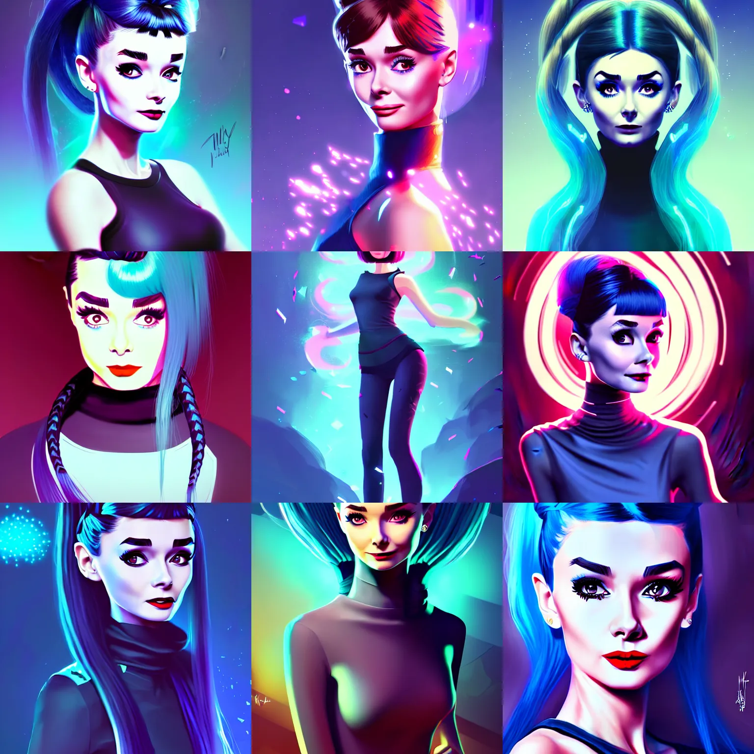 Prompt: portrait attractive girl with face audrey hepburn, hair blue two long braids, insane laughting, evil eyes, particles explosion, high boots, short bridges with leggins and top, elegant intricate matte sharp focus 8 k, fantasy digital art, league of legends, art by ilya kuvshinov