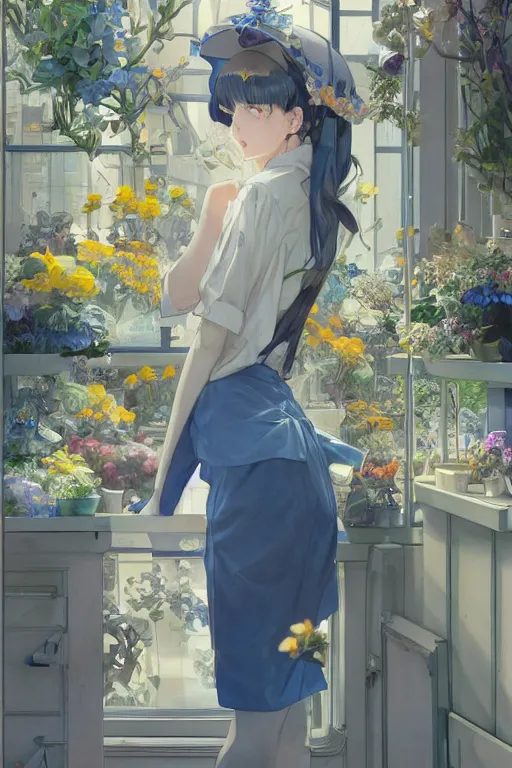 Image similar to a girl working in a flower shop in the afternoon, it is raining outside the window,blue and grey theme,JK uniform ,blue theme with eye-catching yellow accents ,S line, by krenz cushart and mucha and range murata and greg rutkowski