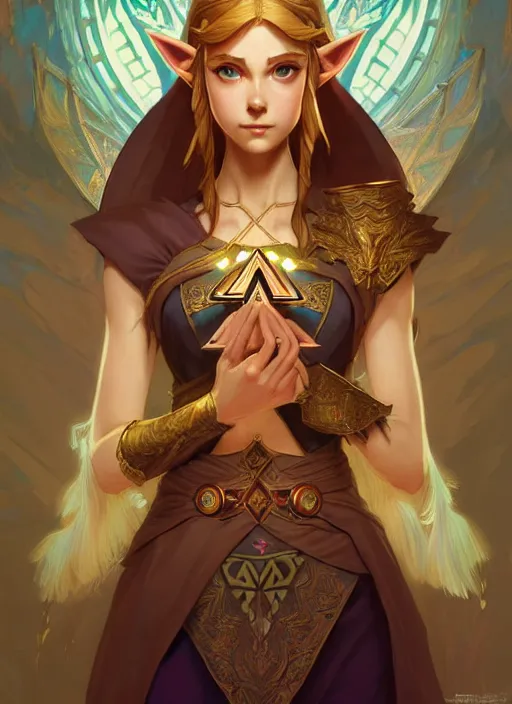 Image similar to zelda with triforce, fantasy, intricate, elegant, highly detailed, digital painting, artstation, concept art, wallpaper, smooth, sharp focus, illustration, art by artgerm and greg rutkowski and alphonse mucha and wlop