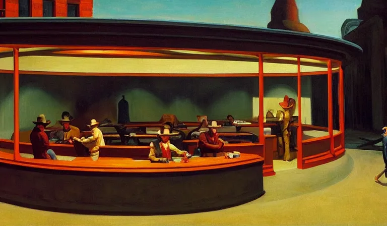 Image similar to Bodacious cowboys such as your friends will never be welcome here high in the clusterdome, by Edward Hopper