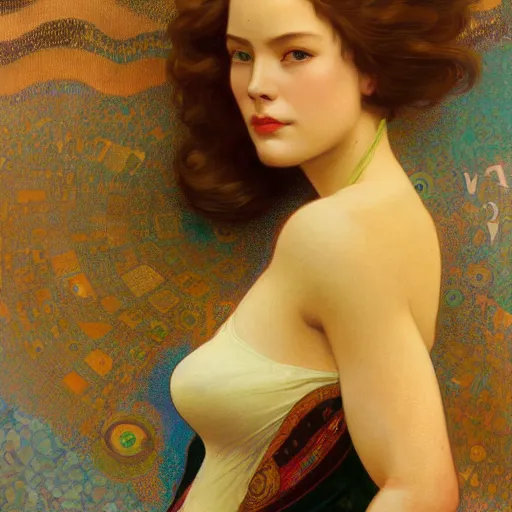 Image similar to modern woman | hyperrealistic | action pose | digital painting | trending on artstation | pinup portrait | clean | illustration | dressed | Unreal Engine 5 | 8k resolution | by Greg Rutkowski Alphonse Mucha Gustav Klimt and Mel Ramos