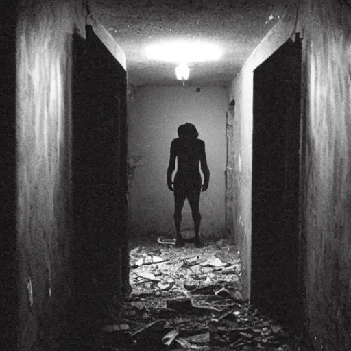 Image similar to hi - 8 night vision camera footage of a barely visible, bipedal minotaur with shrouded in darkness at the end of an extremely dark hallway in an abandoned house