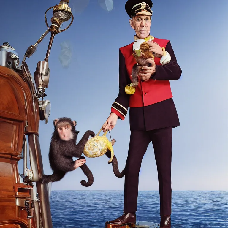 Image similar to high fashion photoshoot octane render portrait by wayne barlow and carlo crivelli and glenn fabry, a distinguished sea captain wearing a colorful eccentric velvet pastel vintage uniform and holding a small monkey while standing on a beautiful high - end white and wood yacht, very short depth of field, bokeh