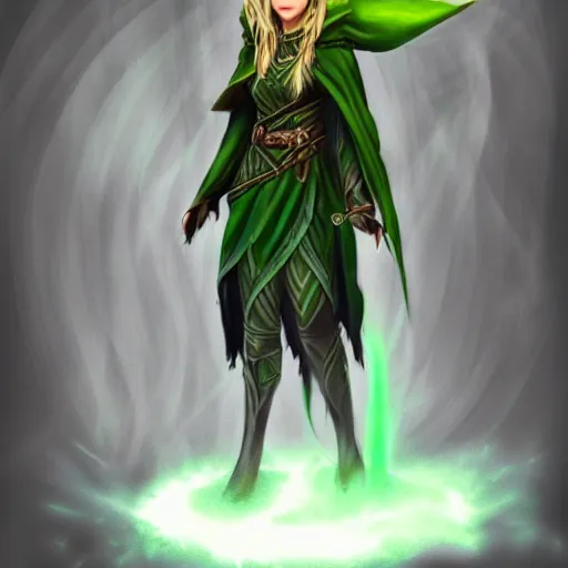 Prompt: elf druid with messy hair, green cloak, character art, trending on artstation, n4