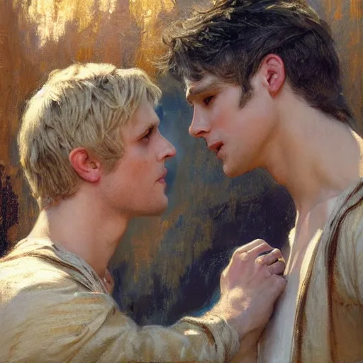 Image similar to attractive male, arthur pendragon who has blond hair confesses his love to attractive male, merlin who has dark hair. highly detailed painting by gaston bussiere, craig mullins, j. c. leyendecker 8 k