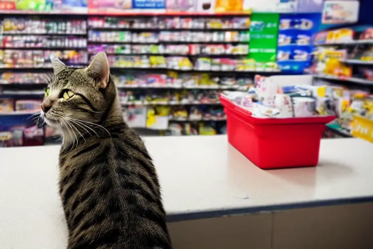 Prompt: cat on the counter in 7 - eleven next to a carton of cigarettes wide angle lens