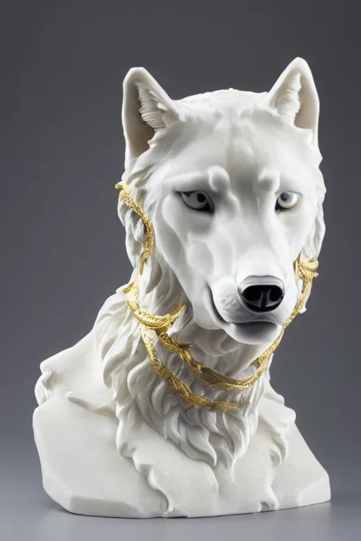 Image similar to a white marble bust of a wolf with gold filigree
