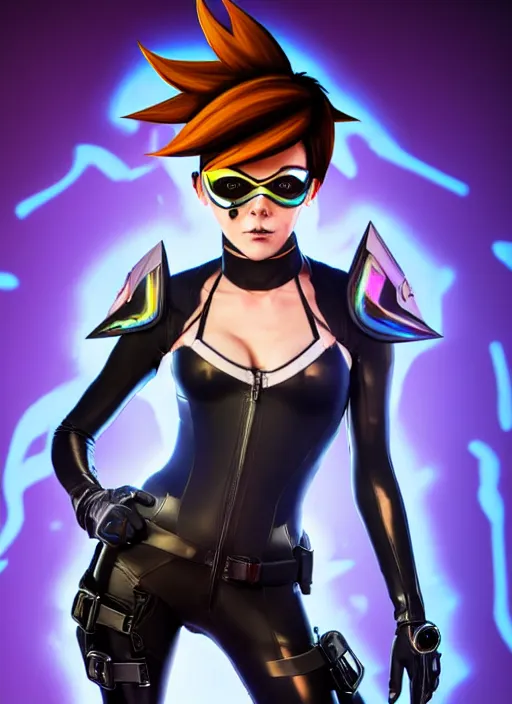 Image similar to full body digital artwork of tracer overwatch, wearing black iridescent rainbow latex, 4 k, expressive happy smug expression, makeup, in style of mark arian, wearing detailed black leather collar, wearing sleek armor, black leather harness, expressive detailed face and eyes,